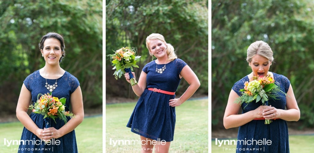 fun bridesmaids in blue and coral at Marty Leonard