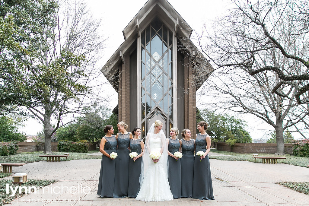 outside bridal party in gray dresses